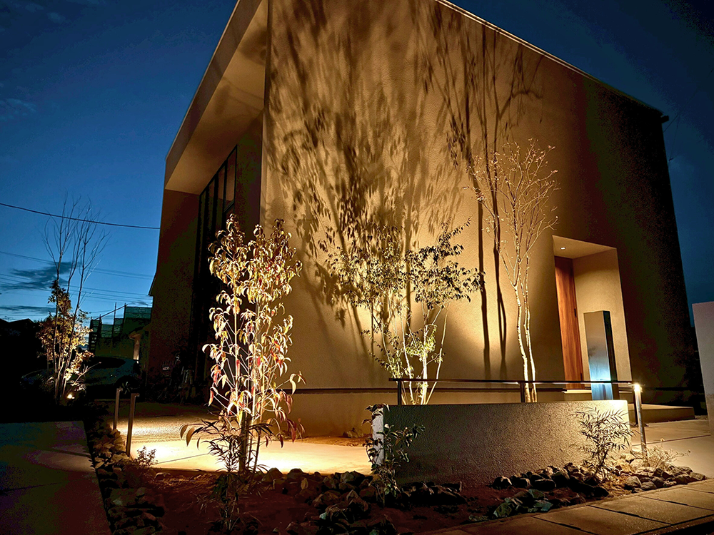 植物と照明ゆたかなスマート新築外構